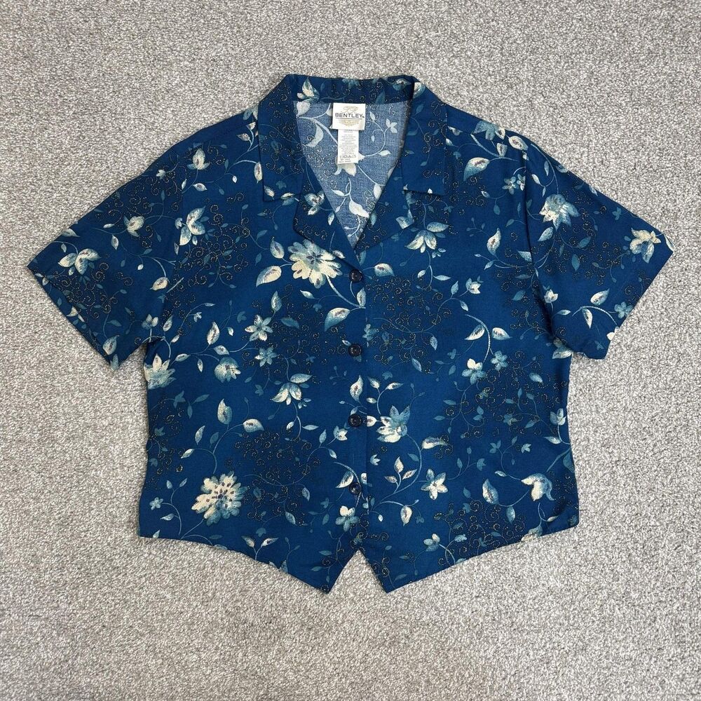 Vintage 90s Bentley Shirt Womens Large Blue Floral Button Front Boho Cottagecore